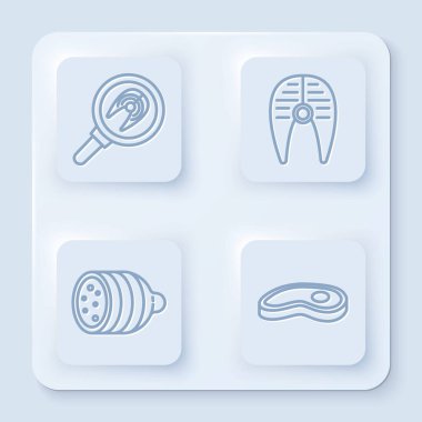 Kızartma tavasında balık bifteği, balık bifteği, salam sosisi ve biftek. Beyaz kare düğme. Vektör