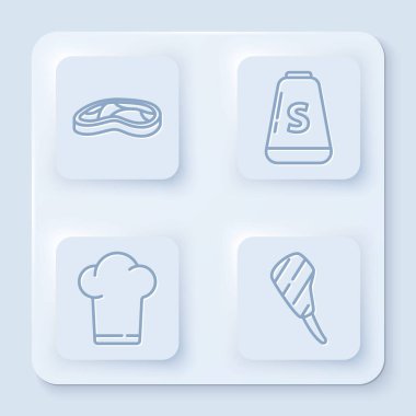 Biftek, tuz, şef şapkası ve biftek. Beyaz kare düğme. Vektör