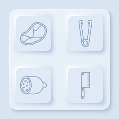 Biftek, et maşası, salam sosisi ve et doğrayıcı. Beyaz kare düğme. Vektör