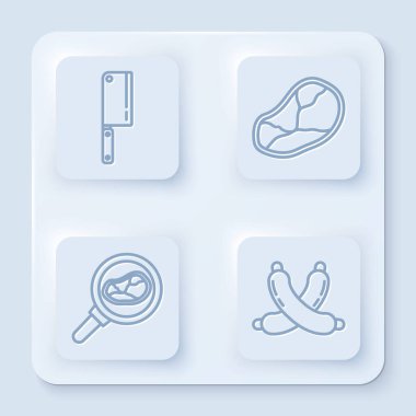 Hattı et doğrayıcı, biftek eti, tavada biftek eti ve çapraz sosis. Beyaz kare düğme. Vektör