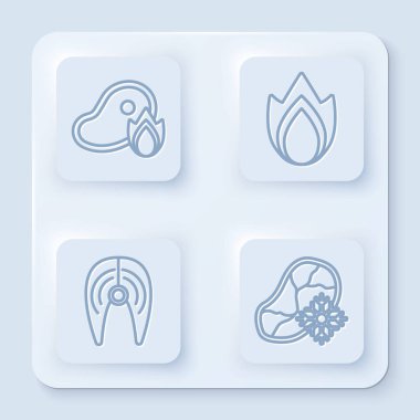 Izgara biftek, ateş alevi, ateş alevi, balık bifteği ve taze donmuş biftek. Beyaz kare düğme. Vektör