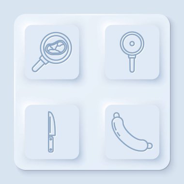 Kızartma tavasında biftek, kızartma tavası, bıçak ve sosis. Beyaz kare düğme. Vektör