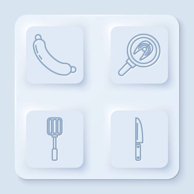 Sabit hat sosis, tavada balık bifteği, Spatula ve Bıçak. Beyaz kare düğme. Vektör