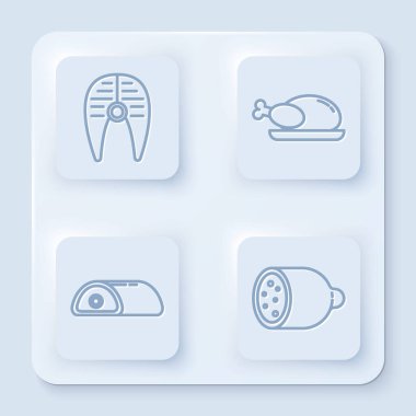 Balık bifteği, kızarmış hindi veya tavuk, et ve salam sosisi. Beyaz kare düğme. Vektör