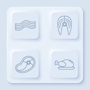 Domuz pastırması, biftek, biftek ve kızarmış hindi ya da tavuk. Beyaz kare düğme. Vektör