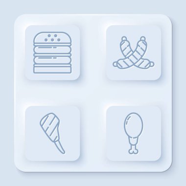 Sabit hat Burger, çapraz sosis, kaburga bifteği ve tavuk bacağı. Beyaz kare düğme. Vektör