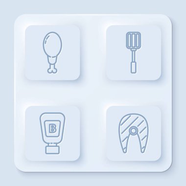 Hattı ayarla. Tavuk budu, Spatula, sos şişesi ve balık bifteği. Beyaz kare düğme. Vektör