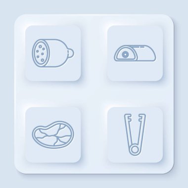 Salami sosisi, et, biftek ve et maşası. Beyaz kare düğme. Vektör