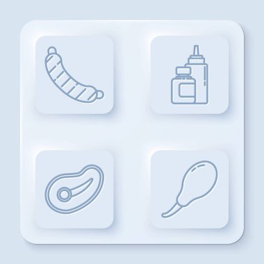 Sabit hat sosis, sos şişesi, biftek eti ve tavuk bacağı. Beyaz kare düğme. Vektör