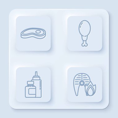 Biftek, tavuk budu, sos şişesi ve ızgara balık bifteği ve alevler. Beyaz kare düğme. Vektör