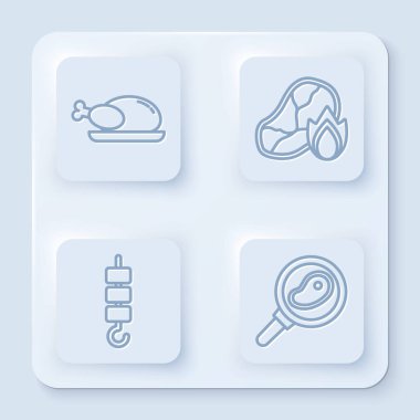 Kızarmış hindi ya da tavuk, ızgara biftek ve ateş, şiş çubukta ızgara şiş kebap ve kızartma tavasında biftek. Beyaz kare düğme. Vektör