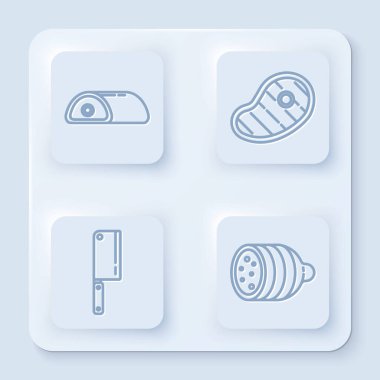 Et, biftek, et dilimi ve salam sosisi. Beyaz kare düğme. Vektör