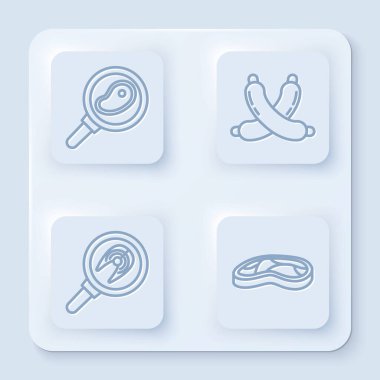 Kızartma tavasında biftek, çapraz sosis, tavada balık bifteği ve biftek. Beyaz kare düğme. Vektör