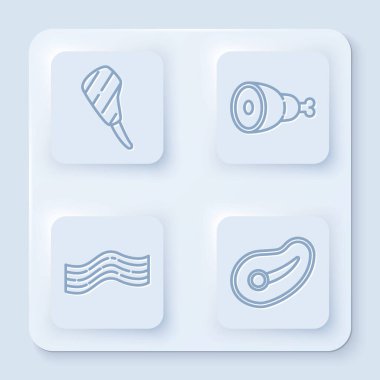 Biftek, tavuk budu, domuz pastırması ve biftek. Beyaz kare düğme. Vektör