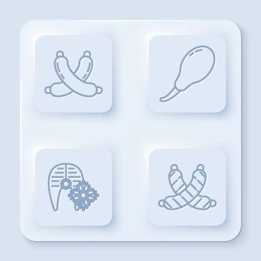 Hattı geçmiş sosis, tavuk budu, taze donmuş balık bifteği ve çapraz sosis. Beyaz kare düğme. Vektör