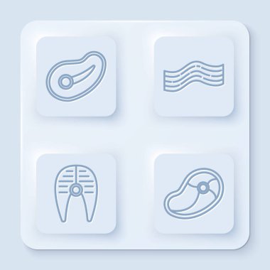 Biftek, domuz pastırması, biftek ve biftek. Beyaz kare düğme. Vektör