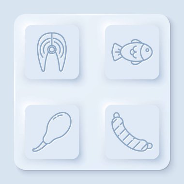 Balık bifteği, balık, tavuk budu ve sosis. Beyaz kare düğme. Vektör