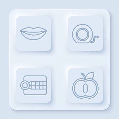 Gülümseyen dudaklar, diş ipi, takma dişler ve Apple. Beyaz kare düğme. Vektör