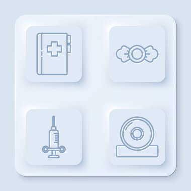 Dişçi kartı, Şeker, Diş Şırıngası ve Otolaryngological baş reflektörü olan bir pano ayarla. Beyaz kare düğme. Vektör