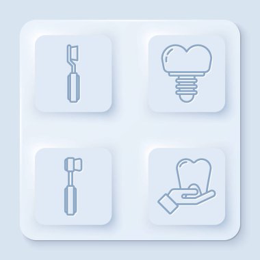 Diş fırçası, diş implantı, diş fırçası ve diş fırçası. Beyaz kare düğme. Vektör