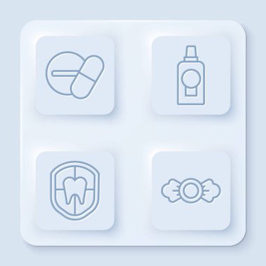 İlaç hapı ya da tablet, ağız gargargarası plastik şişe, diş koruma ve şeker alın. Beyaz kare düğme. Vektör