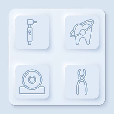 Diş matkabı, diş beyazlatma konsepti, Otolaryngological baş reflektörü ve diş pensesi. Beyaz kare düğme. Vektör