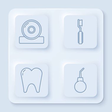 Otolaryngological baş reflektörü, diş fırçası, diş ve Enema armudu hattını ayarlayın. Beyaz kare düğme. Vektör
