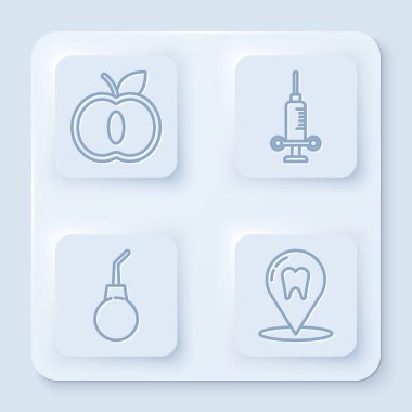 Apple hattı, diş sağlığı şırıngası, Enema armudu ve diş kliniği konumu. Beyaz kare düğme. Vektör
