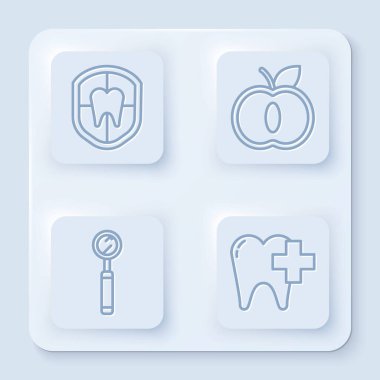 Dişçi koruması, elma, diş muayenesi aynası ve diş sağlığı kliniği ayarlayın. Beyaz kare düğme. Vektör