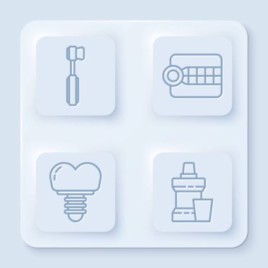 Diş fırçası, takma dişler, diş implantı ve gargara plastik şişe. Beyaz kare düğme. Vektör