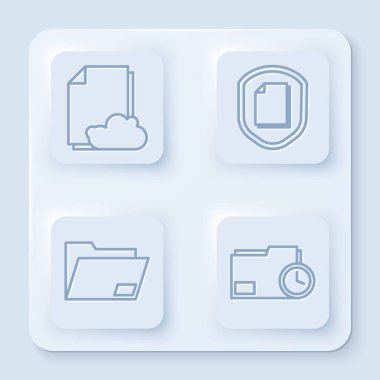 Satır Cloud depolama metni, Belge koruma konsepti, Doküman dizini ve saat ile Belge dizinini ayarla. Beyaz kare düğme. Vektör