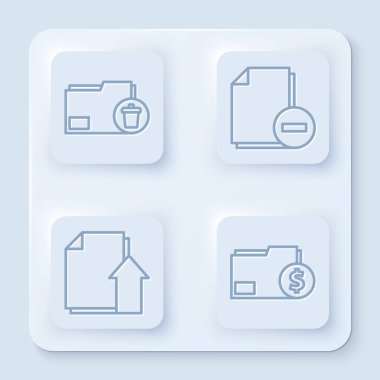 Satır Silme dizinini, eksi ile belgeyi, dosya belgesini ve Finans belge dizinini yükle. Beyaz kare düğme. Vektör