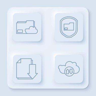 Satır Cloud depolama metin dizini, Belge dizin koruması, İndirme ve indirme ve yükleme ile belge ayarlayın. Beyaz kare düğme. Vektör