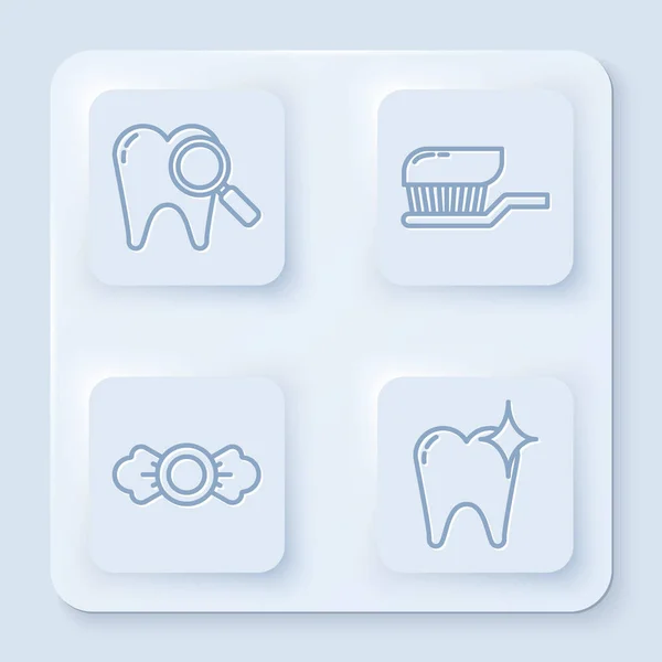 Set line Recherche dentaire, Brosse à dents avec dentifrice, concept de blanchiment des bonbons et des dents. Bouton carré blanc. Vecteur — Image vectorielle