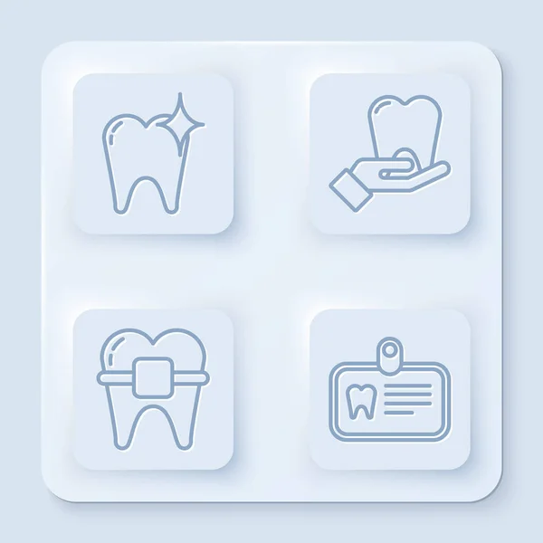Установить линию Отбеливание зубов концепции, Зуб, Зубы с брекетами и Id карты с зубами. Белая квадратная кнопка Вектор — стоковый вектор