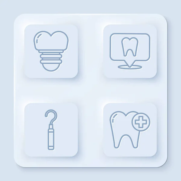 Nastavte linku Zubní implantát, umístění zubní kliniky, zubní průzkumník na zuby a zub. Bílý knoflík. Vektor — Stockový vektor