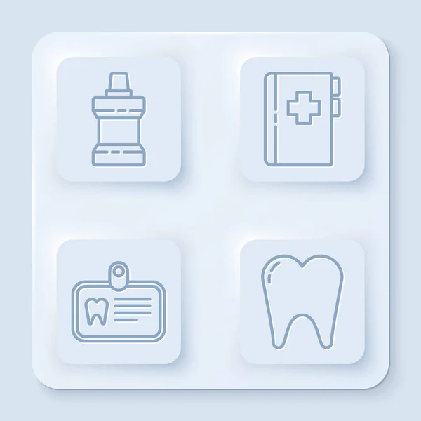 Definir linha Mouthwash garrafa de plástico, Clipboard com cartão dental, cartão de identificação com dente e dente. Botão quadrado branco. Vetor — Vetor de Stock