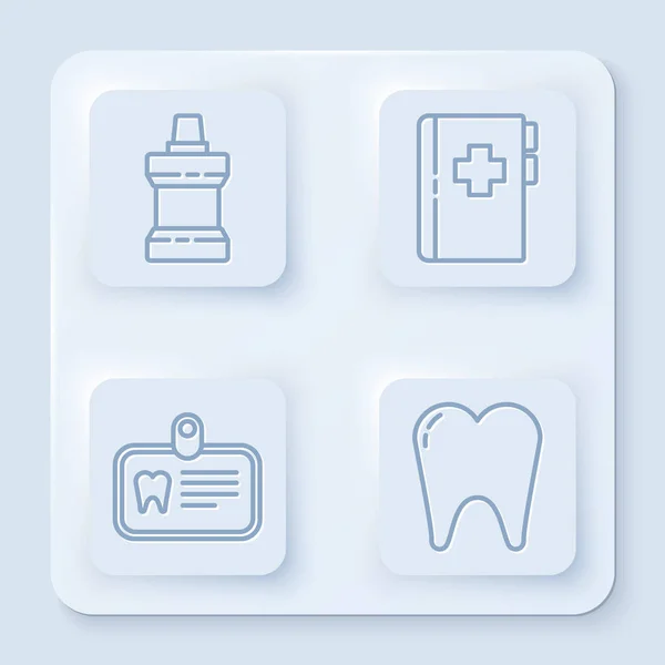 Állítsa be a szájöblítő műanyag palack, írótábla fogászati kártyával, személyi igazolvány foggal és foggal. Fehér négyzet gomb. Vektor — Stock Vector