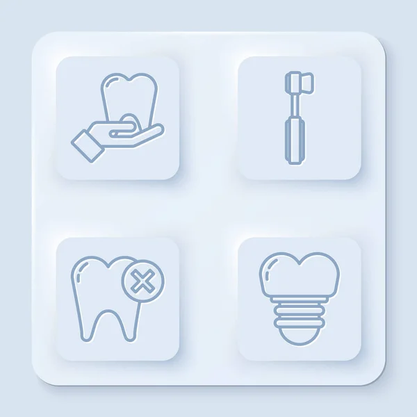 Zestaw linii Ząb, szczoteczka, Ząb z próchnicą i implantu dentystycznego. Biały, kwadratowy przycisk. Wektor — Wektor stockowy