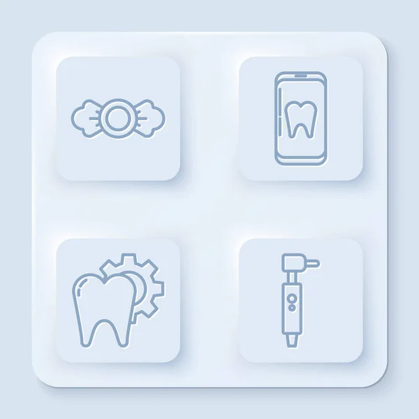 Set line Dulces, Cuidado dental en línea, Procedimiento de tratamiento dental y Taladro dental. Botón cuadrado blanco. Vector — Vector de stock