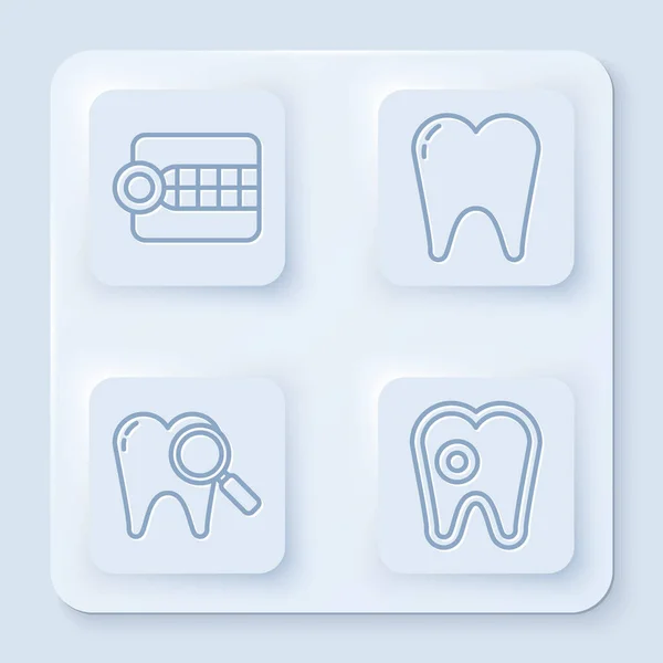 Набор линии зубные протезы модели, зуб, зубной поиск и зуб с кариеса. Белая квадратная кнопка Вектор — стоковый вектор