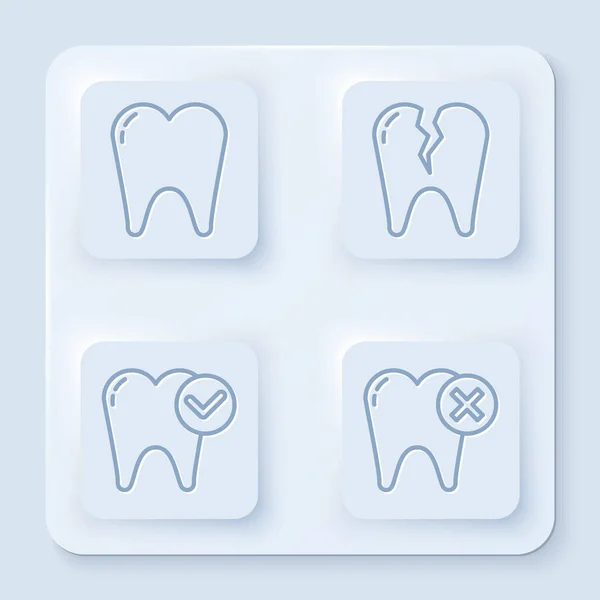 Zestaw linii Ząb, Złamany ząb, Koncepcja wybielania zębów i Ząb z próchnicy. Biały, kwadratowy przycisk. Wektor — Wektor stockowy