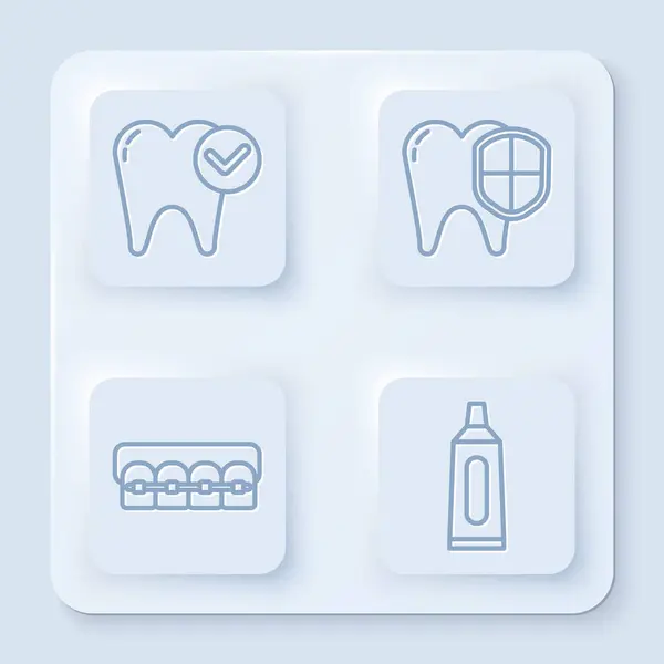Nastavit linii bělení zubů koncept, Zubní ochrana, Zuby s rovnátky a trubice zubní pasty. Bílý knoflík. Vektor — Stockový vektor