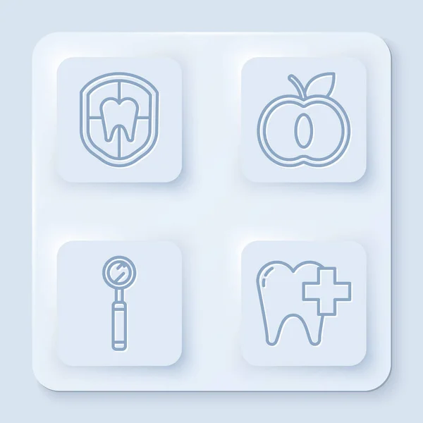 Ustaw linię Ochrona stomatologiczna, Apple, lustro kontrolne stomatologiczne i klinika stomatologiczna do zębów. Biały, kwadratowy przycisk. Wektor — Wektor stockowy