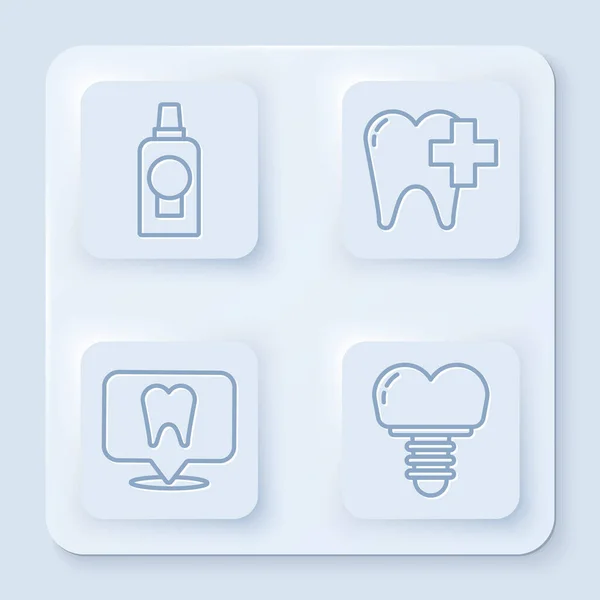 Set line Enjuague bucal botella de plástico, Clínica dental para el cuidado dental dental, la ubicación de la clínica dental y el implante dental. Botón cuadrado blanco. Vector — Vector de stock