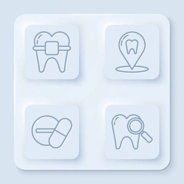 Set line Dientes con aparatos ortopédicos, ubicación clínica dental, píldora o tableta de la medicina y la búsqueda dental. Botón cuadrado blanco. Vector — Vector de stock