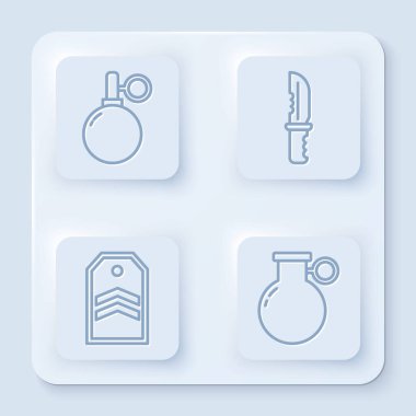 Hat el bombası, askeri bıçak, sembol ve el bombası. Beyaz kare düğme. Vektör