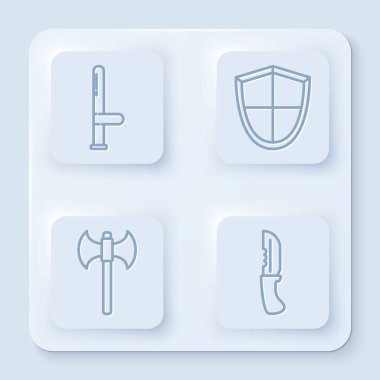 Polis kauçuk sopası, kalkan, ortaçağ baltası ve askeri bıçak. Beyaz kare düğme. Vektör