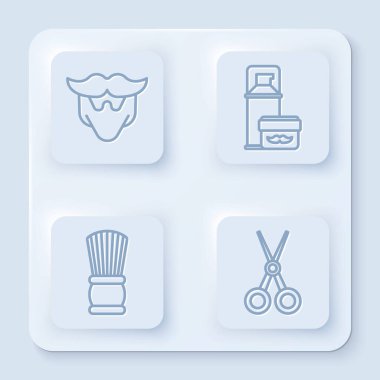 Bıyık ve sakal, tıraş jeli köpüğü, tıraş fırçası ve makas kuaförü. Beyaz kare düğme. Vektör