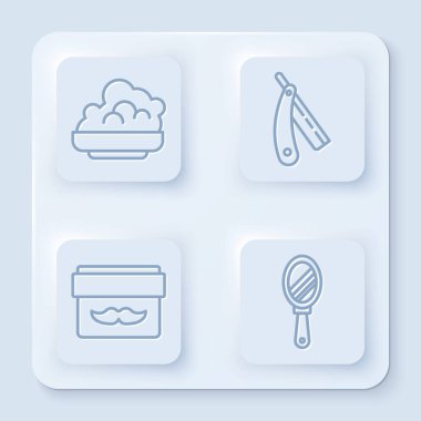 Traş köpüğü, jilet, krem ya da losyon kozmetik kavanozu ve el aynası. Beyaz kare düğme. Vektör